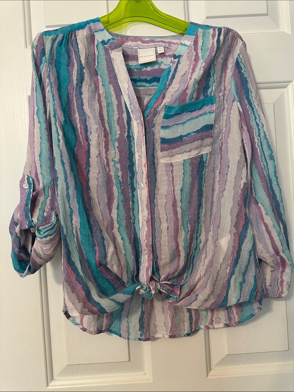 Zac & Rachel Teal Lavender Striped Button-Front Tie-Hem Blouse
